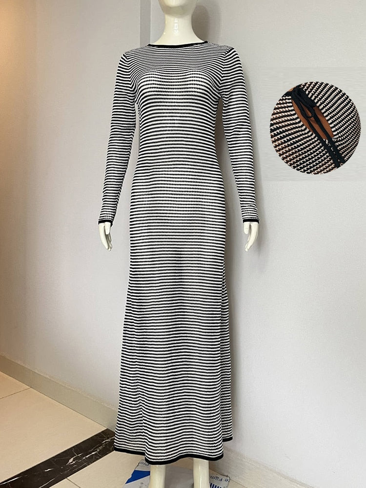 Summer Knitted Maxi Dress for Women Hollow Out See Through Long Sleeve Slim Elegant Sexy Dresses Club Party Beach Dress Casual