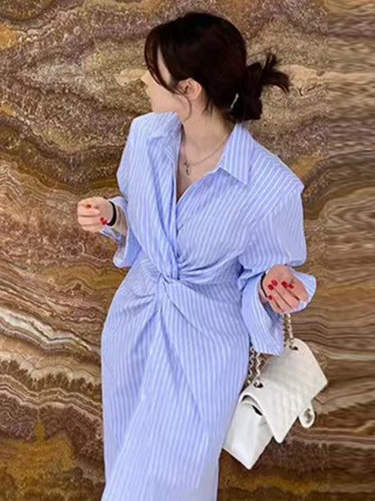 YESMYTOOL  -  Women Contrast Stripe Button Cross Shirt Dress Single Breasted Elegant Female Fashion Long Sleeve Dresses 2024 Spring New