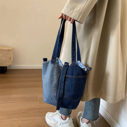 Washed Denim Fabric Shoulder Bucket Bags For Women Designer Handbags Colorblock Patchwork Crossbody Bag Large Capacity Tote