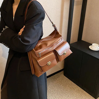 Vintage Brown Shoulder Bag Women Retro Pu Leather Soft Pocket Casual Handbag Female Moto Biker Y2k Handbags Aesthetic