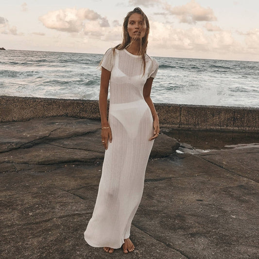 White Knitted Beach Dress Women Summer Short Sleeve Sexy See Through Bodycon Maxi Dress Club Party Long Dress Cover-Ups