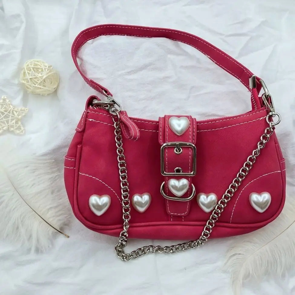 Rose Red Women Heart Goth Shoulder Bag Lolita Y2K Cool Girls Underarm Bag Vintage Harajuku Female Chain Pouch Crossbody Bags