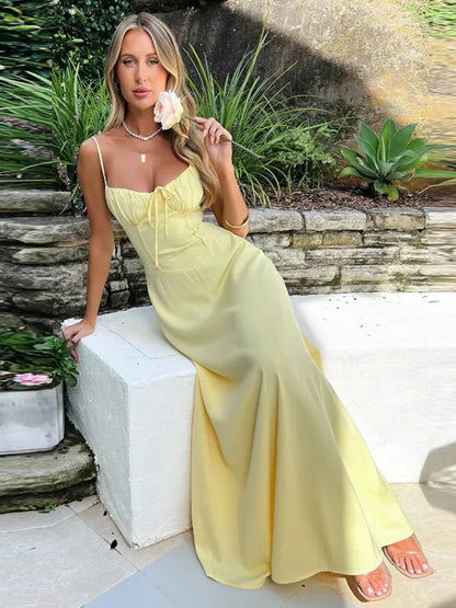 Spaghetti Strap Backless Pleated Long Dress For Women Fashion Lace Up Sleeveless A-line Loose Sexy Maxi Dress