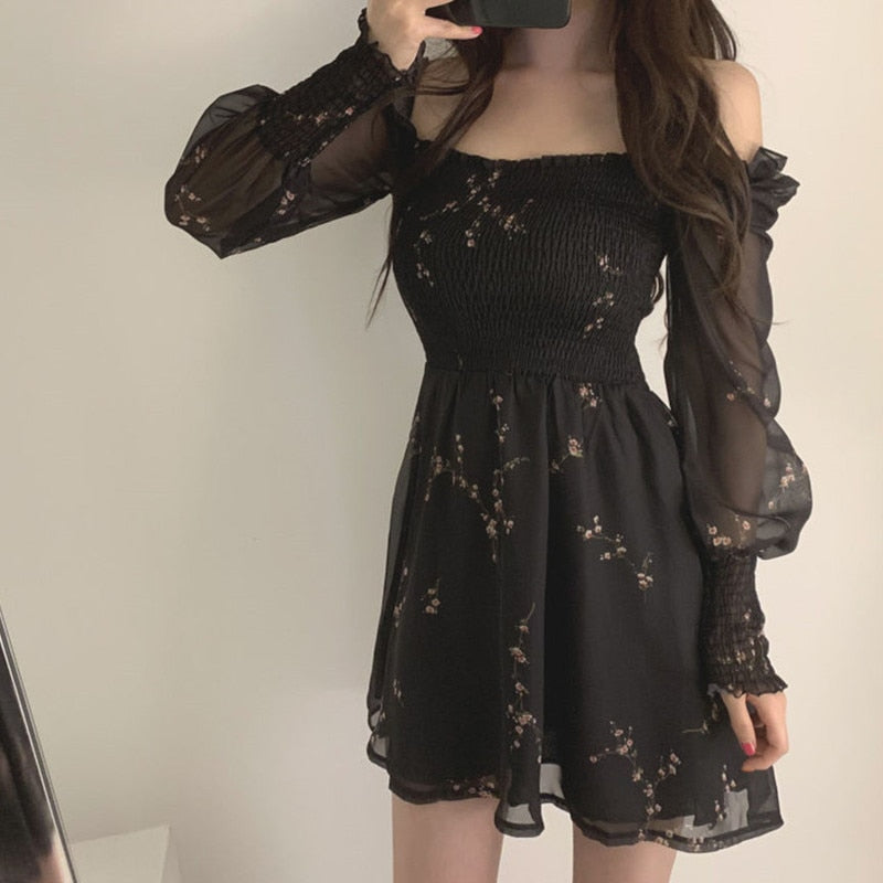 Summer Womens Sexy Black Dress Vintage Flower Long Puff Sleeve Chiffon Dresses Korean Casual Mini Vestidos Mujer Clothes