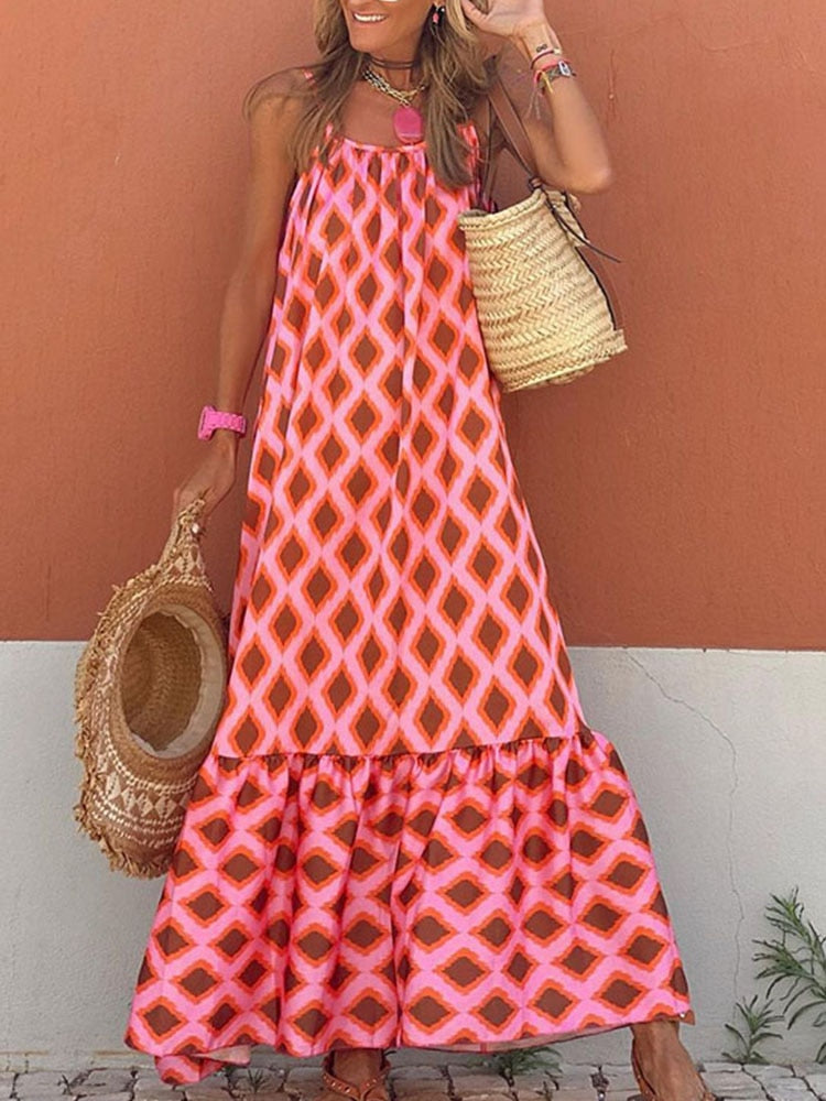 Women's Fashion Retro Loose Print Sling Dress Summer Bohemia Style Beach Seaside Maxi Dress Elegant Chic New Pattern Long Dress