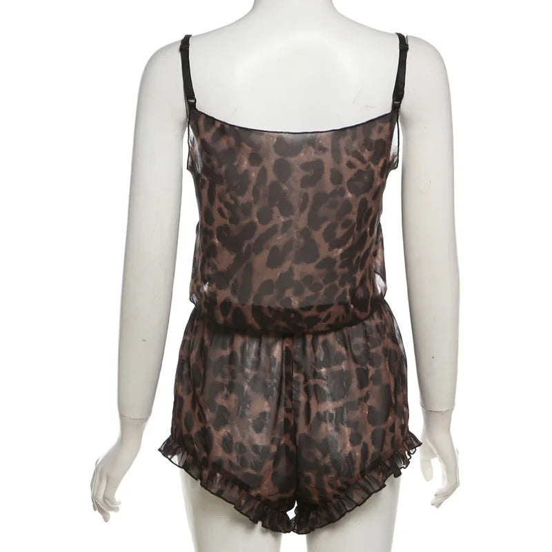 dingdamall  -   Leopard Shorts Set One Line Shoulder Sexy Backless Open Navel Sling Tank Top Fashion Loose Casual Cool High Waist Suit