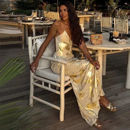 YESMYTOOL  -  Sexy Backless Gold Stamped Strap Long Dress Elegant Party Evening 2024 Winter New Fashion Sleeveless V-neck Vestidos