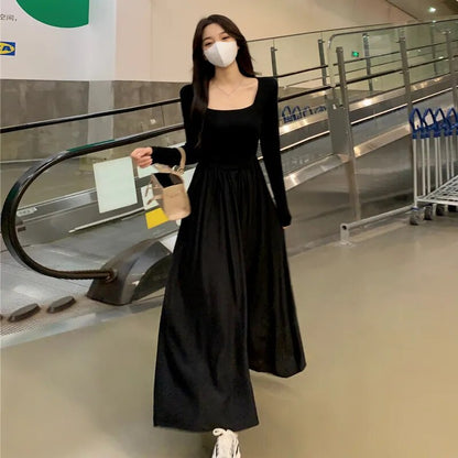 Spring New Hepburn Style Gentle Temperament Pocket Waist Slim Panel Large Hemline Long Sleeve Dress