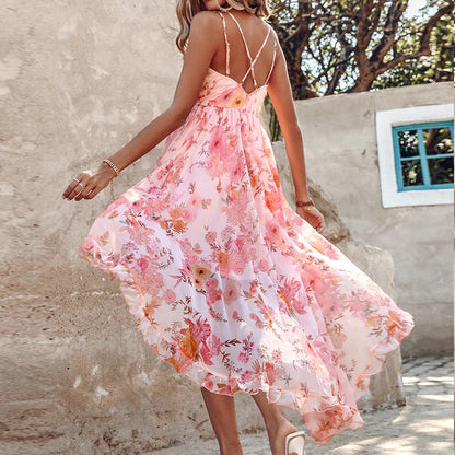 YESMYTOOL  -  Elegant V Neck Floral Print Party Dress 2024 Summer Spaghetti Strap High Waist Hem Dress Fashion Cross Backless Ruffled Dresses