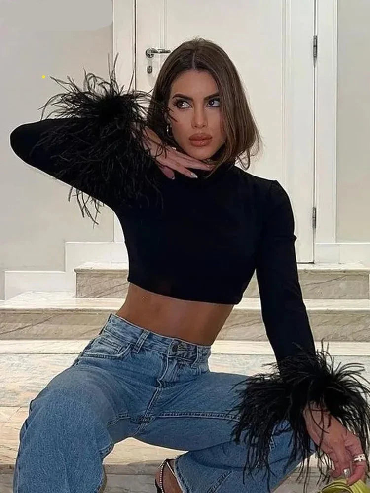 Women's Basic Black T-shirts Ladies Turtleneck Crop Tops Fit Skinny Tops Long Sleeve Ostrich Feather Streetwear Outfits