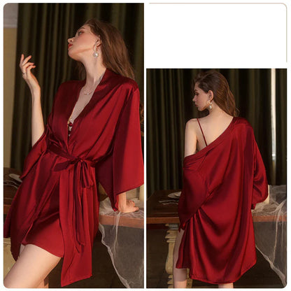 YESMYTOOL  -  Sweet Women Pajamas Bathrobe Backless Suspender Nightdress Sexy V Neck Lace Silk Nightgown Robe Set Temptation Female Homewear