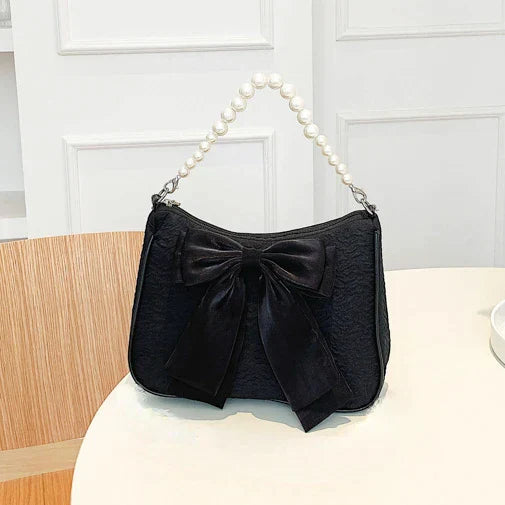 Vintage Bowknot Women Underarm Bags Faux Pearl Chain Ladies Shoulder Crossbody Bag Female Soft Nylon Purse Small Tote Handbags