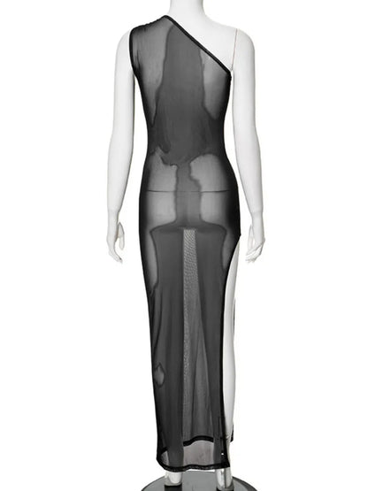 Sexy Sleeveless One Shoulder Printed See Through Mesh Dresses for Women Summer High Slit Slim Black Beach Holiday Dress