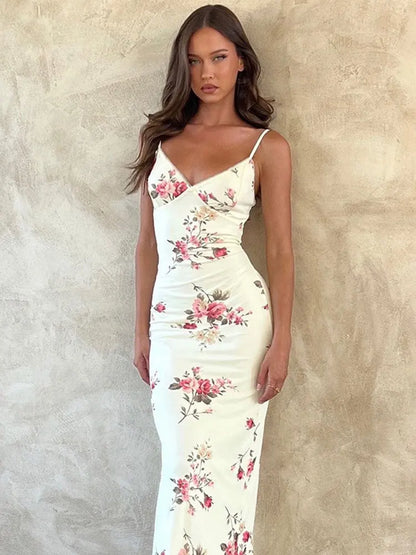 Printed Slim Halter Dress Female Casual Backless Summer V-Neck Maxi Dress Elegant Fashion Sleeveless Women Party Dress