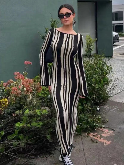 Spring Women Striped Knitted Maxi Dress Elegant O-neck Flare Long Sleeve Bodycon Dress Ladies Streetwear Party Dresses