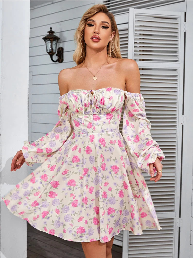 YESMYTOOL  - Floral Dress Women Lantern Long Sleeve Ruched Print A Line Square Neck Tie up Mini Vestidos Sexy Chic Summer Beach Dress