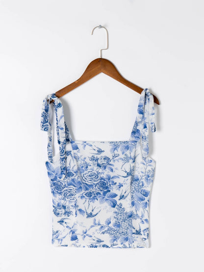 Adjust Bow Strap Blue White Floral Print Camis Women Summer Ruched Short Tank Tops Retro Cool Girl Sexy Slim Crop Top Tees