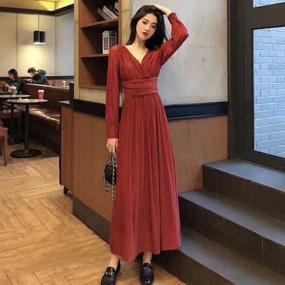 Vintage Sexy Maxi Dresses for Women Party Sequin Midi Dress Female Casual Chiffon Slim Korean Woman Dress Elegant Autumn