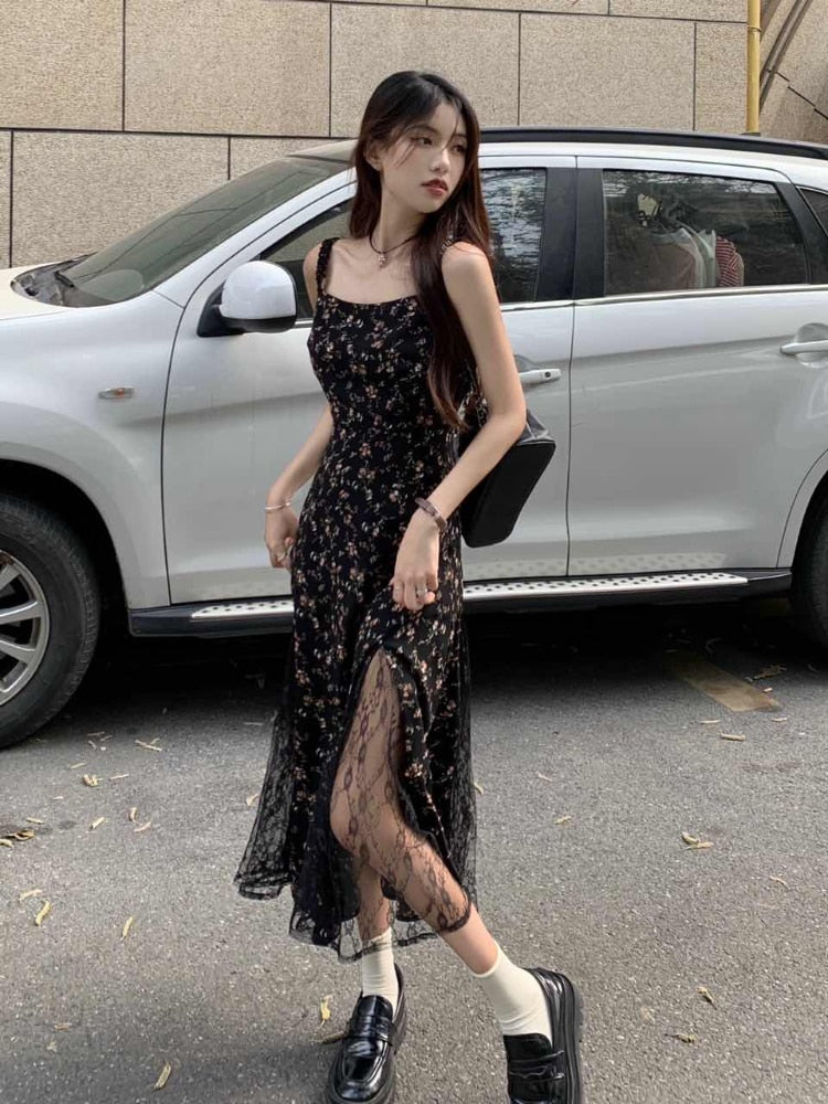 Y2k Vintage Black Floral Dress Women Korean Style Mesh Irregular Split One Piece Slip Long Chiffon Fairy Dresses Summer