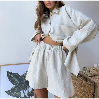 dingdamall  -  Casual Cotton Linen Sets Commuter Single Breasted Loose Long Sleeve Shirt Shorts Suit Summer Vacation 2 Piece Set Women's Outfit