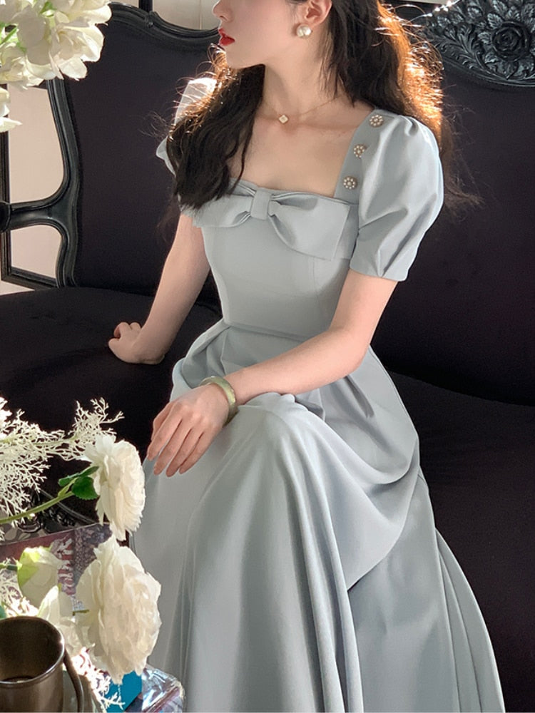 Summer Elegant Vintage Fairy Dress Women Bow Pink Sweet Party Midi Dress Casual Retro Korean Dress Female Puff Sleeve Slim