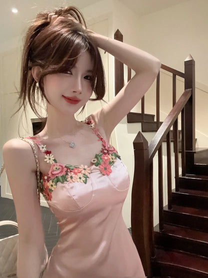 YESMYTOL  -  Mesh Three-dimensional Flower Halter Slim Pink Holiday Style Sexy Pure Desire Dress Woman Chinese Traditional Style