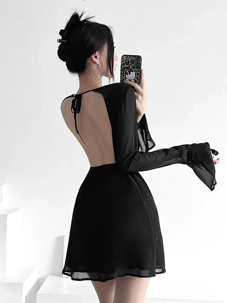 Backless Black Dress Women Elegant Back Hollow Out Lace-up Long Sleeve Mesh Sheer Sexy A-line Mini Dress Evening Party