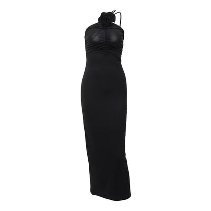 Flower Bodycon Maxi Dresses For Women Folds Slim Black Sundress Women's Sexy Backless Party Temperament Dresses Woman