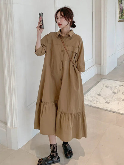 Summer Elegant Dress for Women Fashion Solid Collar Single Breasted Casual Shirt Skirt  Robe Streetwear Oversize Female Dresses