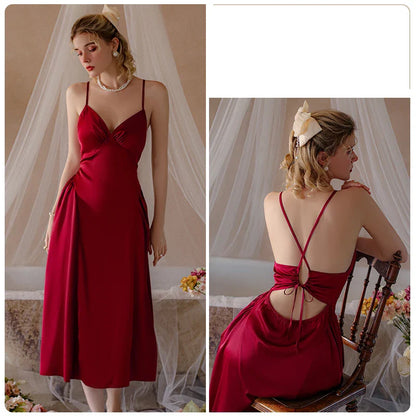 YESMYTOOL  -  French Sexy Backless Temptation Pajamas With Chest Pad Suspender Nightdress Nightgown Slip Night Wears Homewear Bride Maid Dress