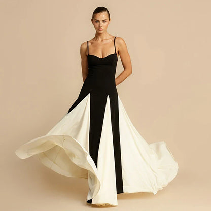 Contrast Color Suspender Maxi Evening Dress Women's With Lining Sexy Backless Splice Sleeveless Long Party Dress Female