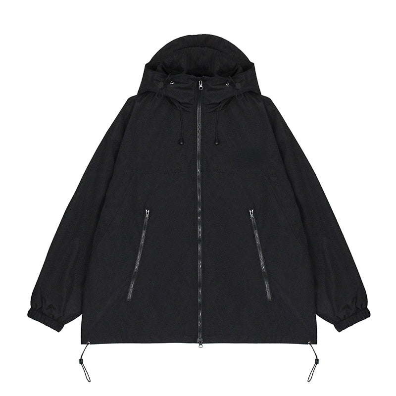 Autumn Waterproof Jacket with Hooded Women Pure Color Zipper Loose Windbreaker Korean Fashion Y2k Clothing Trench Coat Chic