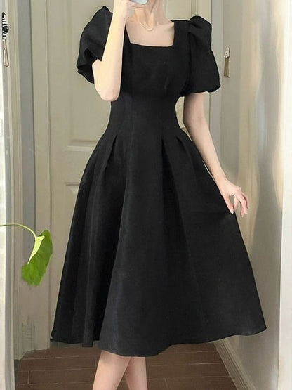 Vintage Elegant Wrap Dresses Woman French Retro Black Puff Sleeve Midi Dress Square Collar Summer Fashion Solid Kpop