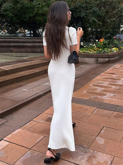 White Knit Fashion Maxi Dress Women Short Sleeve Patchwork Elegant Party Dress Knitwear Lapel High Street Women's Dress