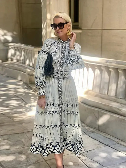 YESMYTOOL  -  Women Elegant Printed Midi Dress Casual O-neck Lantern Long Sleeve A-line Dresses Spring Female Chic High Street Robes 2024