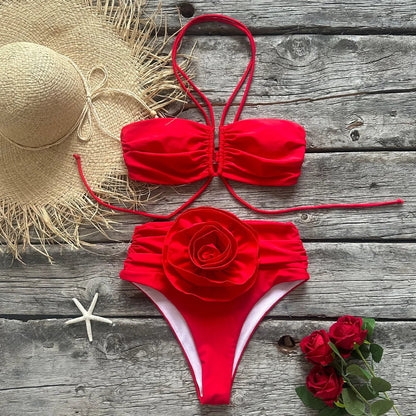 YESMYTOOL  - Two-Pieces Women Floral Lace Up 2024 Push-Up Padded Bra Red Bikini Set Swimsuit Swimwear Bathing Suit Beachwear Biquini