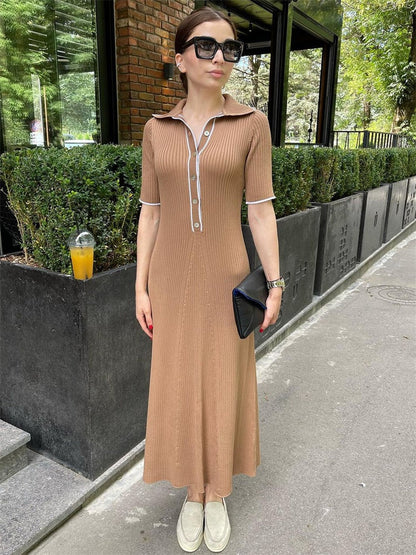 White Knit Fashion Maxi Dress Women Short Sleeve Patchwork Elegant Party Dress Knitwear Lapel High Street Women's Dress