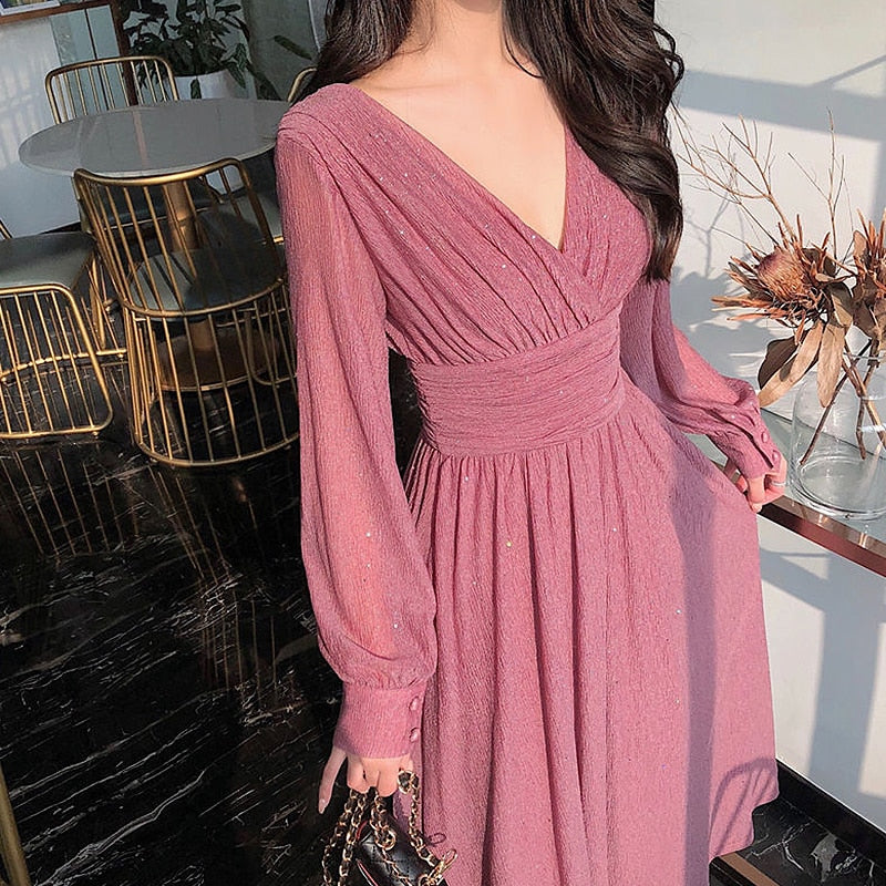 Vintage Sexy Maxi Dresses for Women Party Sequin Midi Dress Female Casual Chiffon Slim Korean Woman Dress Elegant Autumn