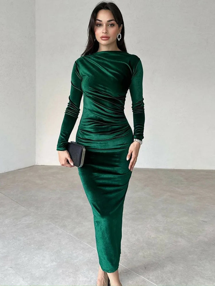 Elegant Velvet Long Sleeve Sexy Maxi Dress For Women Autumn Winter New Fashion O Neck Bodycon Club Party Long Dress