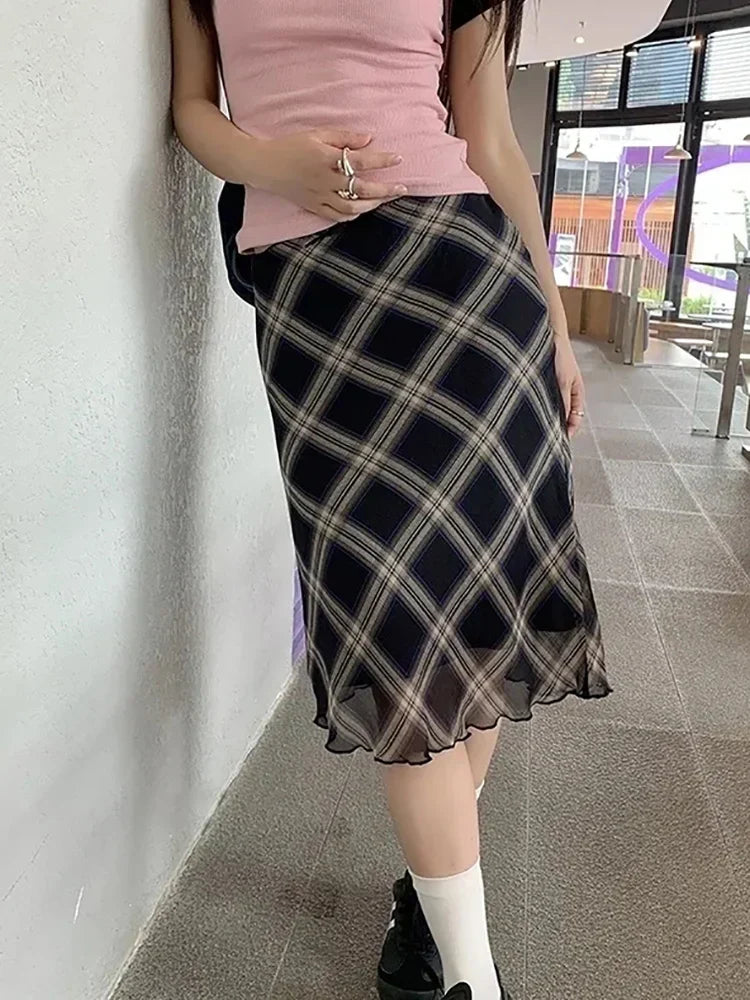 Y2k Vintage Plaid Skirt Women Summer Korean Style Casual Mesh Print High Waist Slim Midi Skirt Girl 90s Streetwear