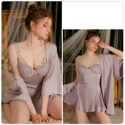 YESMYTOOL  -  Sweet Women Pajamas Bathrobe Backless Suspender Nightdress Sexy V Neck Lace Silk Nightgown Robe Set Homewear Bridesmaids Gifts