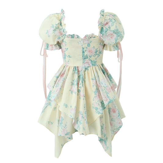 Sweet Princess Cross Rope Bow Front Flower Print Irregular Ball Gown Dress Women Puff Sleeve Swing Mini Fairy Cake Robe