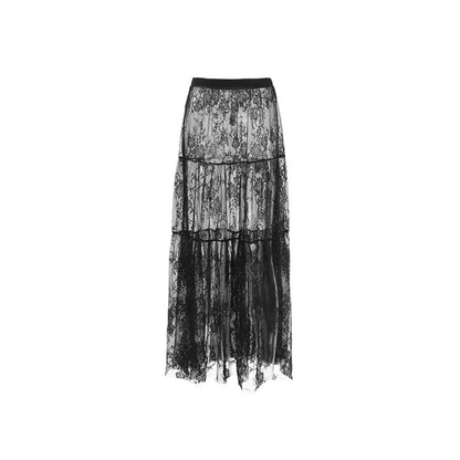 Black Sexy Lace Skirt Women Fashion Thin Transparent Casual Hollow Out High Waist Loose A-line Long Skirt Party