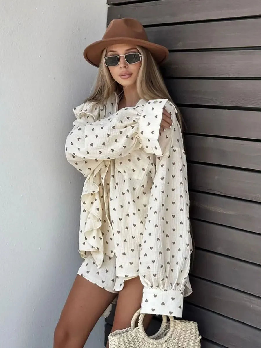 dingdamall  -  Women Spring Summer 100% Cotton Shorts Suit Office Lady Long Sleeve Loose Shirt + Shorts 2 Piece Sets Womens Outfits