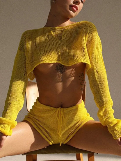 dingdamall  -   Sexy Beach Crop Top Shorts Sets Women Knit Long Sleeve Lace Up Female Suit Summer Holiday See Through 2 Piece Set Womens