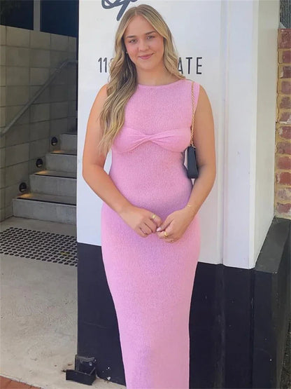 Summer Beach Knit Maxi Dress For Women Cover-Up Pink Sleeveless Twist Sundress Knitwear See-through Maxi Bodycon Dress New