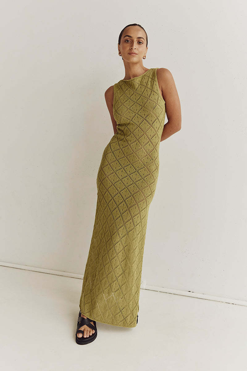 Summer Knitted Beach Dress for Women Sexy Hollow Out Bodycon Party Dresses Club Outfits Elegant Sleeveless Slit Maxi Dress