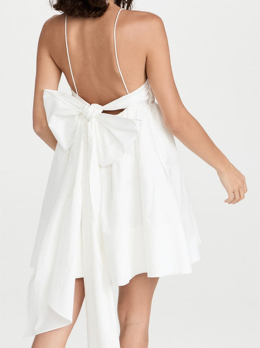 White Slash Collar Ruched Chest Mini Sling Dress Sexy Bandage Tie Bow Back Backless Dresses Holiday Robe Summer Vestido