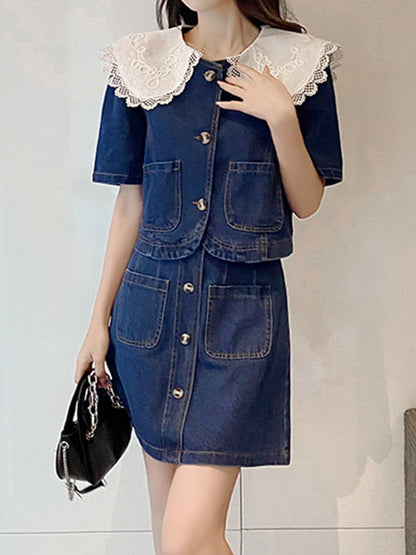 Summer Women Sweet Denim Suit Lace Peter Pan Collar Single Breasted Tops+high Waist A-line Skirts Two Piece Set