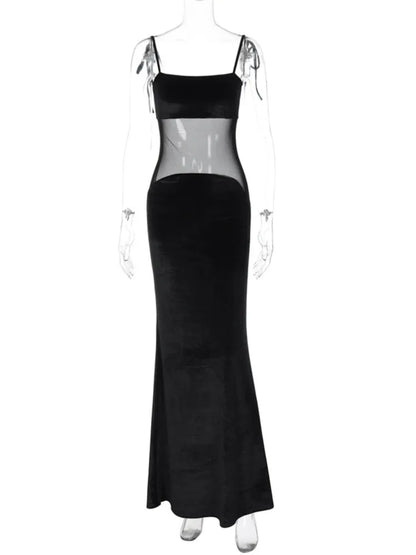 See Through Mesh Sexy Maxi Dress For Women Black Spaghetti Strap Sleeveless Bodycon Club Party Long Dress Elegant